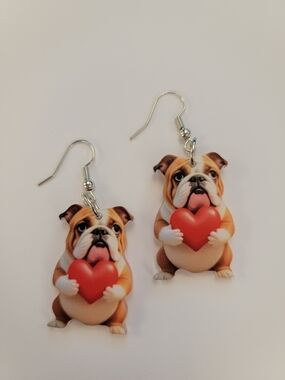 Bulldog Heart Drop Earrings - Red Heart